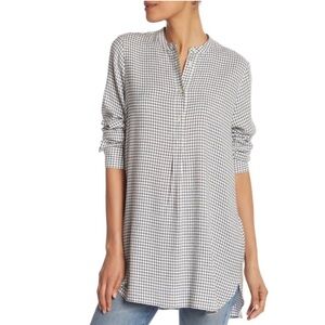 Black and White Button Down Shirt with Relaxed Fit and Mandarin Collar